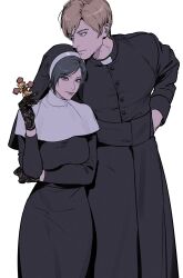  1boy 1girl ada_wong black_hair black_headdress black_robe blonde_hair blue_eyes breasts closed_mouth cowboy_shot cross eyeshadow gloves grey_eyes highres holding holding_cross lace lace_gloves leon_s._kennedy lllllll999l looking_at_viewer makeup medium_breasts nun nun_headdress parted_bangs priest red_eyeshadow resident_evil robe short_hair stuffed_animal stuffed_toy teddy_bear traditional_nun white_background 