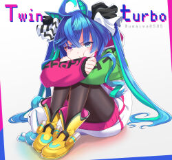  1girl ahoge animal_ears blue_eyes blue_hair blush boots brown_leggings character_name closed_mouth coat commentary_request crossed_bangs heterochromia highres hood hooded_coat hoodie horse_ears horse_girl horse_tail hugging_own_legs iwanaga_tm leggings long_hair long_sleeves multicolored_coat multicolored_hair multicolored_hoodie pout sitting solo tail twin_turbo_(blast_mode!_turbo_engine)_(umamusume) twin_turbo_(umamusume) twintails umamusume violet_eyes yellow_boots 