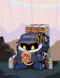  bb-28 bb-28_(cosplay) blue_shoes commentary_request cosplay crossover death_stranding gloves grey_gloves highres kirby kirby_(series) looking_at_another meta_knight no_humans odradek outdoors rainbow sam_porter_bridges sam_porter_bridges_(cosplay) shoes yanzhuwazi yellow_eyes 