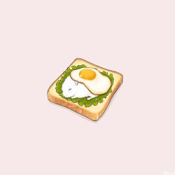  animal animal_focus bread bread_slice closed_eyes commentary food food_focus fried_egg grey_background hamster lettuce no_humans on_food original simple_background untranslatable_commentary upiupisyo 