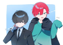  2boys aqua_eyes aqua_sweater bandaged_arm bandaged_neck bandages black_cloak black_eyes black_hair black_jacket black_necktie cloak commentary_request dress_shirt eyes_visible_through_hair gauze gauze_on_cheek hand_up hands_up hood hood_down hooded_cloak jacket kasugano_(owf_ksg) kuchinashi_dabi lapel_chain looking_at_viewer mole mole_under_eye multiple_boys necktie oshi_no_tachiba_ga_irekawaru red_hair sanpaku sharp_teeth shirt sleeves_past_fingers sleeves_past_wrists suit_jacket sweater teeth tonimura_yui white_shirt 
