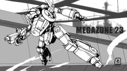  absurdres artist_logo artist_name assault_visor blue_visor commentary_request copyright_name energy_gun full_body garland_(megazone_23) greyscale gun highres holding holding_gun holding_weapon logo mecha mecha_focus megazone_23 monochrome moyan no_humans robot science_fiction solo title unfinished weapon western_comics_(style) 