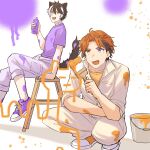  2boys :d ahoge animal_ears black_hair bucket curtained_hair fang foot_out_of_frame hair_between_eyes heterochromia highres holding holding_paintbrush holostars jackal_boy jackal_ears jackal_tail jumpsuit kageyama_shien ladder looking_ahead looking_at_another male_focus mole mole_under_eye multicolored_hair multiple_boys orange_eyes orange_footwear orange_hair orange_shirt paint paint_on_body paint_on_clothes paint_splatter paintbrush pants purple_footwear purple_pants purple_shirt shirt shoes short_hair short_sleeves sitting sleeves_rolled_up smile sneakers spray_paint squatting stepladder streaked_hair t-shirt teeth two-tone_hair upper_teeth v-shaped_eyebrows violet_eyes virtual_youtuber white_hair yamosasa000 yellow_eyes yukoku_roberu 