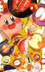  blush_stickers border closed_eyes commentary_request eel fish_(food) food food_on_face hat holding holding_knife ikura_(food) kirby kirby_(series) knife makizushi nigirizushi no_humans nori_(seaweed) omelet outside_border plate red_snapper rice rice_on_face shrimp simon_(kabo_chips) sparkling_eyes sushi tamagoyaki tentacles tuna waddle_dee white_border white_hat wide-eyed 