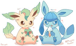  animal_focus blue_fur blue_sclera brown_fur brown_sclera closed_mouth colored_sclera commentary_request eating glaceon green_fur heart holding holding_ice_cream_cone holding_leaf ice_cream_cone leaf leafeon mugita_konomi no_humans pokemon pokemon_(creature) pokemon_focus sitting smile tongue tongue_out yellow_fur 