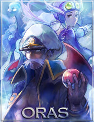  1boy 1girl altaria aviator_cap black_jacket blue_hat commentary_request drake_(pokemon) facial_hair fingernails gloves hat holding holding_poke_ball jacket kantarou_(8kan) long_sleeves mustache open_clothes open_jacket poke_ball poke_ball_(basic) pokemon pokemon_(creature) pokemon_oras sailor_hat salamence swablu white_gloves white_hat winona_(pokemon) 