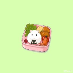  animal bento cherry_tomato chicken_(food) commentary food food_art fried_chicken green_background hamster lettuce no_humans nori_(seaweed) omelet original sausage simple_background tako-san_wiener tamagoyaki tomato untranslatable_commentary upiupisyo 