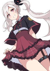  1girl bare_legs black_scrunchie blue_archive breasts buruakae dutch_angle flower from_below grey_hair hair_flower hair_ornament halo highres light_blush long_eyelashes looking_at_viewer mutsuki_(blue_archive) pointy_ears red_skirt scrunchie side_ponytail simple_background skirt skirt_hold small_breasts smile solo white_background white_hair 