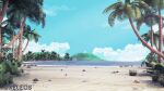  artist_name beach blender_(medium) blue_sky bush clouds commentary day english_commentary foxeleos grass highres no_humans original outdoors palm_tree photoshop_(medium) sand scenery seashell shell sky tree water watermark 