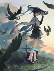 1boy absurdres bird blue_eyes blue_hair blue_ribbon blue_sky blurry bridal_gauntlets cat chinese_commentary clouds cloudy_sky crow depth_of_field full_body genshin_impact grass hair_between_eyes hat highres japanese_clothes looking_to_the_side motion_blur outdoors ribbon sandals scaramouche_(genshin_impact) shimao141 short_sleeves shorts sky standing sunset too_many too_many_birds wanderer_(genshin_impact) 