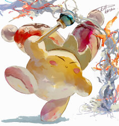  ^_^ absurdres beam_kirby blush_stickers closed_eyes closed_mouth commentary_request creature creature_focus dated fire floating_clothes happy hat highres holding holding_wand jester_cap kirby kirby_(series) leg_up no_humans orange_hat pom_pom_(clothes) print_headwear red_hat shadow signature simple_background smile smoke solo star_(symbol) star_print sukepmonster two-tone_headwear wand white_background 