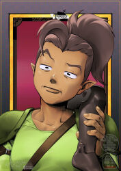  1girl ahoge armor breasts closed_mouth dark-skinned_female dark_skin drawga halfling highres legzi_shortstakk lips pauldrons pointy_ears ponytail shirt shoulder_armor solo tmblyeet upper_body 