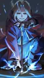  1boy amestris_military_uniform arm_up black_pants black_shirt blonde_hair coat commentary_request edward_elric electricity fullmetal_alchemist gloves highres kneeling layered_sleeves long_sleeves male_focus pants parted_hair red_coat shirt smile sushirice_0 white_gloves yellow_eyes 