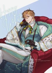  1boy black_gloves blonde_hair box box_of_chocolates chocolate couch crossed_legs food fur-trimmed_jacket fur_trim gem gloves happy_white_day highres holding holding_chocolate holding_food jacket mandarin_collar nu_carnival orange_eyes pants quincy_(nu_carnival) riba_river sitting solo suit white_day white_pants yellow_gem 
