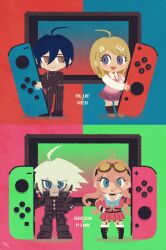  2boys 2girls akamatsu_kaede blonde_hair blue_eyes blue_hair brown_eyes chibi chibi_only commentary_request controller danganronpa_(series) danganronpa_v3:_killing_harmony game_controller hakusoto handheld_game_console iruma_miu joy-con k1-b0 multiple_boys multiple_girls nintendo nintendo_switch robot saihara_shuichi shirt white_shirt 