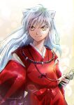  1boy animal_ears collarbone floating_hair fox_ears highres holding holding_sheath inuyasha inuyasha_(character) japanese_clothes kimono long_hair male_focus red_kimono runa_rainfall sheath shiny shiny_hair smile solo straight_hair twitter_username v-shaped_eyebrows very_long_hair white_hair yellow_eyes 