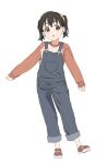  1girl :o absurdres bangs black_hair blush denim hair_between_eyes hair_ornament highres kona_ming kuraue_hinata long_sleeves looking_to_the_side open_mouth orange_shirt overalls pants pants_rolled_up red_footwear scrunchie shirt short_hair simple_background solo standing twintails violet_eyes white_background yama_no_susume yellow_scrunchie 