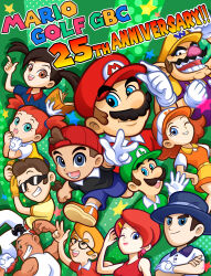  4girls 6+boys absurdres anniversary azalea_(mario_golf) backwards_hat black-framed_eyewear black_hair blonde_hair blue_eyes book brown_eyes brown_hair commentary_request copyright_name earrings everyone facial_hair gene_yuss glasses gloves grace_(mario_golf) grin hair_ornament hairclip hat highres holding holding_book jewelry joe_(mario_golf) kid_(mario_golf) luigi mario mario_golf mario_golf_(game_boy_color) mario_golf_(nintendo_64) multiple_boys multiple_girls mustache one_eye_closed open_mouth orange_hair piyochan_33 plum_(mario) procreate_(medium) putts_(mario_golf) red_hair sherry_(mario_golf) shorts single_glove skirt smile star_(symbol) sunglasses super_mario_bros. tiny_(mario_golf) twintails wario white_gloves 