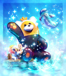  alternate_color bewear blue_background cinccino commentary deviantart_username english_commentary highres joannazelle mantyke open_mouth pokemon pokemon_(creature) pokemon_focus shiny_pokemon signature sitting smile sparkle splashing tumblr_username water waving web_address 