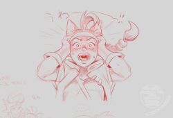  ahoge animal_ear_piercing animal_ears braid braided_ponytail cat_ears cat_girl drawga fangs gloves halfling headband highres jacket kemonomimi_mode legzi_shortstakk long_hair open_mouth ryjinah shirt sketch solo_focus surprised sweat teeth tmblyeet upper_body wide-eyed 