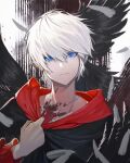  1boy black_wings blood blue_eyes closed_mouth clothes_pull collarbone feathers grey_feathers hair_between_eyes head_tilt hood hood_down looking_at_viewer male_focus original solo upper_body white_hair wings xleontan 