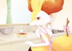  1girl animal_ear_fluff animal_ears animal_nose apron blush body_fur bottle bow braixen clothed_pokemon commentary curtains flat_chest food fox_ears fox_girl fox_tail from_behind fur_collar furry furry_female hand_up indoors kemonobito kitchen looking_at_viewer looking_back mixing_bowl open_mouth pancake pink_apron pink_bow plate pokemon pokemon_(creature) red_eyes snout solo standing stick stove tail upper_body white_fur window yellow_fur 