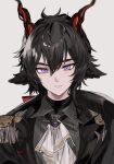  1boy animal_ears aogisa arknights bishounen black_suit closed_mouth ebenholz_(arknights) eyebrows_behind_hair formal frills goat_boy goat_ears goat_horns highres horns long_hair looking_at_viewer male_focus simple_background solo suit upper_body violet_eyes white_background 