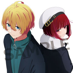  aqua_sweater arima_kana black_jacket blonde_hair blue_eyes closed_mouth commentary_request fur-trimmed_jacket fur_trim hat hirayama_kanna hoshino_aquamarine jacket medium_hair official_art oshi_no_ko red_eyes red_hair sample_watermark short_hair sweater watermark white_background white_hat 