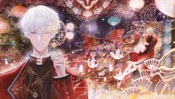  1boy 1girl absurdres aerial_fireworks beret black_changpao black_pants black_robe black_shoes blue_eyes branch brown_hair candy changpao chinese_clothes chinese_new_year closed_mouth coat couple crescent facing_away fireworks flower food full_body hair_between_eyes hand_up hat hetero highres holding holding_candy holding_food holding_hands houndstooth jade_(gemstone) kite lantern lapels light_blush light_particles long_hair long_sleeves looking_at_another looking_at_viewer love_and_deepspace magnolia multiple_views night one_eye_covered open_clothes open_coat pants paper_lantern protagonist_(love_and_deepspace) red_coat red_hat red_skirt robe shoes short_hair skirt smile snow234 socks straight-on tanghua tree upper_body watermark weibo_watermark white_flower white_hair white_shoes white_socks xavier_(love_and_deepspace) 