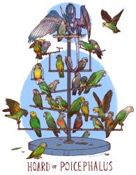  animal artist_name bird blue_background blue_feathers blue_horns blue_scales border closed_eyes commentary creature creature_focus dragon english_commentary english_text fantasy feather_tail feathered_wings feathers flying green_bird green_feathers highres horns iguanamouth no_humans nuzzle original parrot perching red_feathers scientific_name sitting too_many too_many_birds white_border wings yellow_feathers 