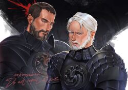  2boys a_knight_of_the_seven_kingdoms a_song_of_ice_and_fire absurdres armor baelor_targaryen beard black_armor black_hair breastplate commentary dragon_ornament english_commentary facial_hair furrowed_brow grey_hair highres kornsabuss light_smile maekar_targaryen male_focus mature_male multicolored_hair multiple_boys parted_bangs pauldrons plate_armor short_hair shoulder_armor streaked_hair twitter_username upper_body very_short_hair violet_eyes white_hair 