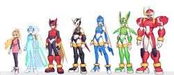  2girls 5boys absurdres alternate_height armor black_bodysuit blonde_hair blue_eyes blue_helmet bodysuit boots buzzsaw_(6631455) ciel_(mega_man) commentary_request copy_x_(mega_man) fairy_leviathan_(mega_man) fighting_fefnir_(mega_man) full_body gloves green_eyes green_helmet helmet hidden_phantom_(mega_man) high_heels highres horns mega_man_(series) mega_man_zero_(series) multiple_boys multiple_girls pink_skirt red_eyes red_helmet sage_harpuia_(mega_man) shoulder_armor skirt standing vest white_background white_bodysuit wings zero(z)_(mega_man) zero_(mega_man) 