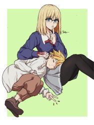  1boy 1girl aged_down blonde_hair blue_eyes blush braid child closed_eyes collared_shirt command_spell commentary_request doushittano fate/strange_fake fate_(series) finger_to_mouth glasses green_background highres korean_commentary lap_pillow lying medium_hair multicolored_hair on_side pants pantyhose red_streaks richard_i_(fate) sajou_ayaka_(fate/strange_fake) shirt shushing side_braid simple_background sitting skirt streaked_hair sweater v 