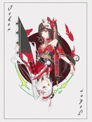  2girls absurdres animal_ears bare_shoulders black_choker black_hair black_hat braid card choker collar cross finger_to_mouth fingernails fish fox_mask frilled_collar frilled_sleeves frills goldfish grey_background grey_hair hat hat_ornament highres honkai:_star_rail honkai_(series) inverted_cross japanese_clothes joker_(playing_card) kimono long_sleeves looking_at_viewer mask multiple_girls nail_polish plaid_clothes plaid_sleeves playing_card profile rabbit_ears rabbit_hat_ornament red_eyes red_hair red_kimono red_nails shiyuyibuduoyu shushing sparkle_(honkai:_star_rail) sparxie_(honkai:_star_rail) twintails upper_body upside-down white_hair wide_sleeves 
