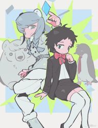  2girls adachi_tooru animal_ears bear bear_ears bird black_hair black_jacket black_skirt boots bow chinese_commentary closed_mouth coat commentary_request genderswap genderswap_(mtf) grey_boots grey_coat grey_hair highres jacket kemonomimi_mode long_sleeves multiple_girls narukami_yu necktie penguin persona persona_4 polar_bear red_bow red_necktie short_hair skirt thigh-highs white_thighhighs yancc 