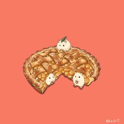  animal apple_pie commentary_request food food_focus hamster holding holding_food leaf leaf_on_head no_humans on_food original pie pink_background signature simple_background upiupisyo 