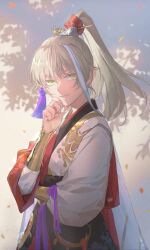  1boy archer_(fate/samurai_remnant) arm_guards black_hanfu blonde_hair chinese_clothes chinese_hairpin dappled_sunlight fate/samurai_remnant fate_(series) grey_hair hair_ornament hand_on_own_chin hanfu high_ponytail keclpshvli looking_at_viewer multicolored_hair ponytail red_hanfu red_robe robe single_hair_streak solo streaked_hair sunlight tassel tassel_hair_ornament white_hanfu xiao_guan_(headdress) yellow_eyes 
