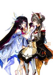  2girls absurdres columbina_(genshin_impact) dress eye_mask genshin_impact hair_ornament head_wings headdress highres indirect_kiss long_hair mask multiple_girls sandrone_(genshin_impact) see-through_clothes see-through_mask simple_background smile stuffed_toy white_background white_mask wing_hair_ornament wings x-shaped_eyewear yuri zahauku 