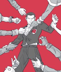  1girl 6+boys archie_(pokemon) barbwalken clenched_hand cyrus_(pokemon) fingerless_gloves ghetsis_(pokemon) giovanni_(pokemon) gloves greyscale_with_colored_background guzma_(pokemon) highres looking_at_viewer lusamine_(pokemon) lysandre_(pokemon) maxie_(pokemon) middle_finger multiple_boys piers_(pokemon) pokemon pokemon_bw2 pokemon_dppt pokemon_masters_ex pokemon_oras pokemon_sm pokemon_swsh pokemon_xy pulling_another's_clothes red_background rose_(pokemon) solo_focus team_rocket watch watch wristband 