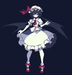  1girl 4qw5 ascot bangs bat_wings black_background black_hair black_wings bow closed_mouth footwear_bow frilled_skirt frills full_body hat hat_ribbon highres looking_at_viewer mob_cap pixel_art red_ascot red_eyes red_footwear remilia_scarlet ribbon shirt short_hair simple_background skirt solo touhou white_headwear white_shirt white_skirt wings 