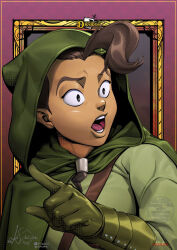  1girl brown_hair dark-skinned_female dark_skin drawga gloves halfling highres hood legzi_shortstakk open_mouth solo tmblyeet upper_body wide-eyed 