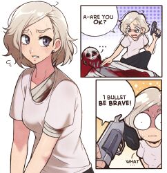  1girl absurdres blonde_hair blood earrings english_text grace_ashcroft gun highres holding holding_gun holding_weapon jeff_miga jewelry requiem_(gun) resident_evil resident_evil_requiem solo weapon 