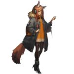 1girl animal_ears arknights black_footwear black_jacket black_legwear boots brown_eyes brown_hair dress full_body fur-trimmed_jacket fur_trim hand_up headphones high_heel_boots high_heels implied_extra_ears jacket jewelry long_sleeves looking_at_viewer multiple_rings necklace non-web_source official_art open_clothes open_jacket orange_dress pantyhose pearl_necklace ratatoskr_browntail_(arknights) ring simple_background smile solo sprite squirrel_ears squirrel_girl squirrel_tail standing tachi-e tail thigh_strap transparent_background 