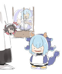  1other 2girls 3_ma_me apron bdsm blue_hair blue_kimono bondage bound brown_hair closed_eyes closet clothed_pokemon cosplay ditto dragon_girl dragon_horns dragon_tail duel_monster eastern_dragon_horns gag hair_between_eyes horns house_dragonmaid improvised_gag japanese_clothes kimono lace-trimmed_apron lace_trim laundry_dragonmaid laundry_dragonmaid_(cosplay) long_sidelocks maid maid_apron mixed_maids multiple_girls notice_lines open_mouth pokemon pokemon_(creature) pokemon_pokopia semi-rimless_eyewear shoes sidelocks simple_background smile solid_circle_eyes speech_bubble sweat tail tape tape_gag tied_up_(nonsexual) transformed_ditto under-rim_eyewear wa_maid white_background white_shoes x-ray yellow_eyes yu-gi-oh! 