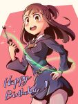  1girl absurdres bangs blue_dress blunt_bangs breasts brown_hair commentary_request cowboy_shot dress hand_on_hip hand_up happy_birthday highres holding holding_wand kagari_atsuko little_witch_academia long_hair long_sleeves looking_at_viewer luna_nova_school_uniform madabau multicolored_background open_mouth orange_eyes pink_background school_uniform small_breasts smile solo sparkle standing wand white_background 