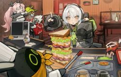 1boy anby_demara animal_ears billy_kid burger hamburger long_hair multiple_girls nekomiya_mana nicole_demara short_hair zenless_zone_zero