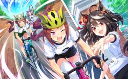  4girls ^^^ ahoge animal_ears artist_request bare_arms bare_legs ben-day_dots bicycle bicycle_helmet black_hair black_shorts breasts broken brown_hair brown_helmet clouds crying day determined dirty dirty_clothes dot_nose ear_covers ear_ribbon emphasis_lines expressive_hair eyelashes eyes_visible_through_hair fingernails floating_hair flower flower-shaped_pupils forehead game_cg gate green_helmet green_shoes green_shorts hair_between_eyes hair_flower hair_ornament hair_through_headwear happy helmet highres holding horse_ears horse_girl horse_tail kitasan_black_(umamusume) large_breasts leaning_forward light_blush light_particles medium_breasts medium_hair meisho_doto_(umamusume) mejiro_ryan_(umamusume) multicolored_hair multicolored_shoes multiple_girls no_socks official_art one_eye_closed open_mouth outdoors outstretched_hand pink_flower pink_shorts ponytail puffy_short_sleeves puffy_sleeves purple_helmet purple_pupils racing red_eyes red_ribbon ribbon riding riding_bicycle road running sakura_bakushin_o_(umamusume) screentones shirt shoes short_shorts short_sleeves shorts smile sneakers sportswear streaked_hair streaming_tears street symbol-shaped_pupils tail tears teeth thigh-highs third-party_source tree two-tone_shoes two_side_up umamusume upper_teeth_only v-shaped_eyebrows violet_eyes white_flower white_shirt white_shoes white_thighhighs 