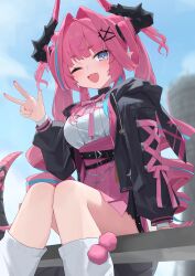  1girl ;d absurdres aged_down arknights arknights:_endfield black_horns black_jacket blue_eyes blue_hair blue_sky blush commentary_request fang feet_out_of_frame hair_intakes hair_ornament hand_up high-waist_skirt highres horns jacket leg_warmers long_hair long_sleeves looking_at_viewer miniskirt multicolored_hair neck_ribbon one_eye_closed open_clothes open_jacket open_mouth pink_hair pink_horns pink_ribbon pink_skirt pleated_skirt pointy_ears ribbon rihitonn shirt sitting skin_fang skirt sky smile solo streaked_hair tail w white_leg_warmers white_shirt x_hair_ornament yvonne_(arknights) 