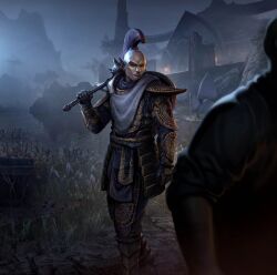  1boy armor blue_shirt building fog gold_armor grass highres holding holding_mace holding_weapon lake mace mohawk official_art ordinator_armor ordinator_guard ordinator_helmet ornate_armor outdoors pointy_ears red_eyes scarf shirt shoulder_armor spiked_mace spikes the_elder_scrolls the_elder_scrolls:_legends the_elder_scrolls_iii:_morrowind undershirt walking water weapon white_scarf 