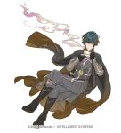  1boy armor black_footwear black_gloves blue_eyes blue_hair boots brown_coat byleth_(fire_emblem) byleth_eisner_(male) closed_mouth coat coat_on_shoulders commentary crossed_legs cup dagger expressionless fire_emblem fire_emblem:_three_houses full_body gloves grey_pants grey_shirt holding holding_cup invisible_chair knee_boots knife looking_to_the_side official_art pants saucer scabbard sheath sheathed shirt short_hair simple_background sitting solo steam suzuki_rika teacup vambraces watermark weapon white_background 